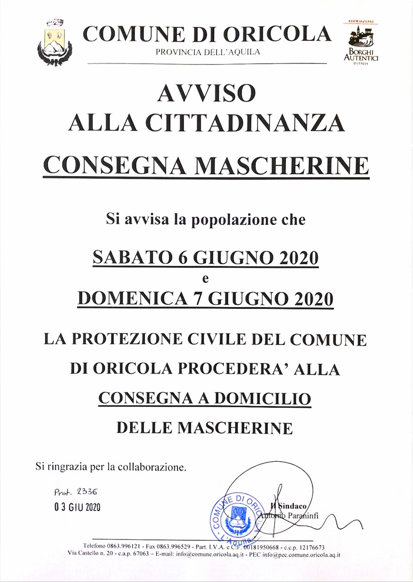 Oricola quarta consegna mascherine coronavirus