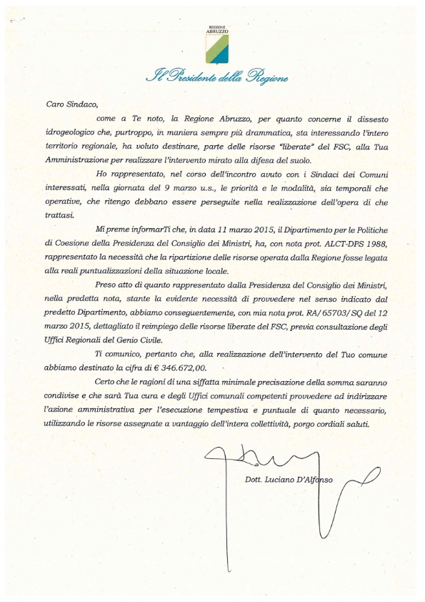 Lettera del Presidente della Regione Abruzzo all