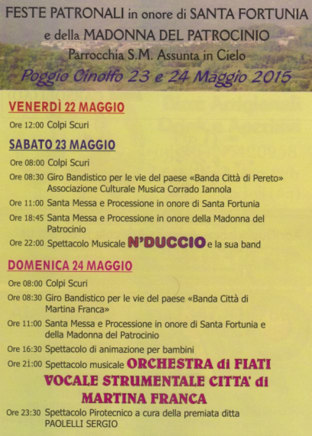 POGGIO CINOLFO SI VESTE A &amp;quot;FESTA&amp;quot; PER SANTA FORTUNIA E LA MADONNA DEL PATROCINIO