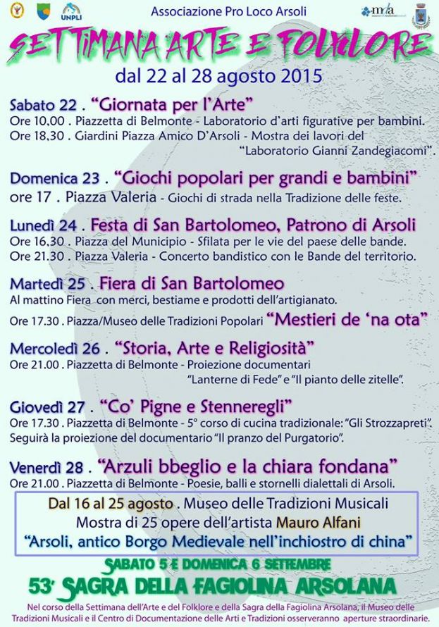 ARSOLI,SETTIMANA D&amp;#039;ARTE E FOLCLORE DAL 22 AL 28 AGOSTO