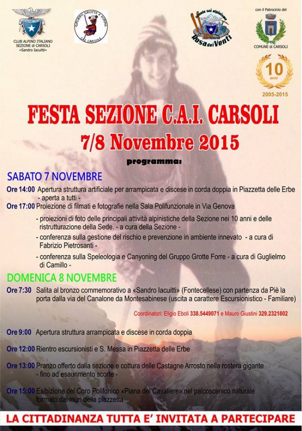 CARSOLI,FESTA SEZIONE CAI SABATO 7 E DOMENICA 8 NOVEMBRE PER IL DECIMO ANNIVERSARIO