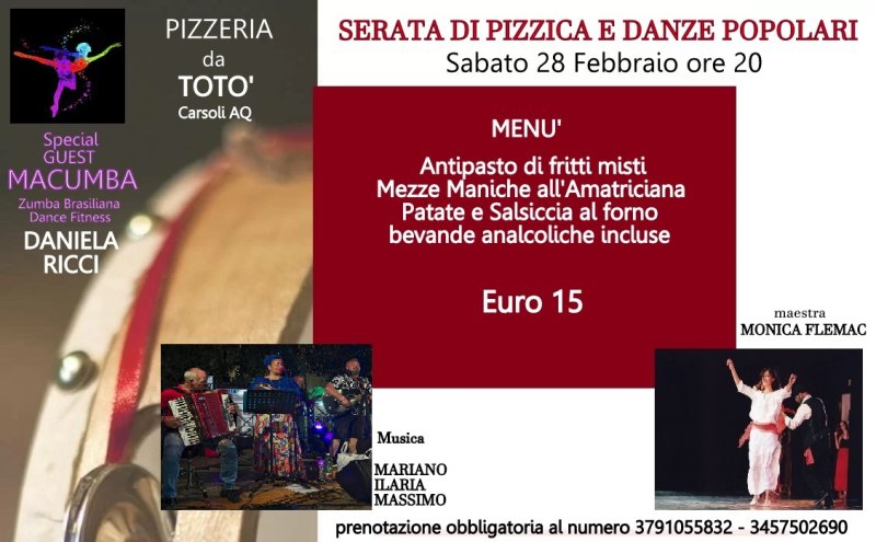 CARSOLI - SERATA DI PIZZICA CON MUSICA DAL VIVO, E LE DANZE DELLA MAESTRA MONICA FLEMAC