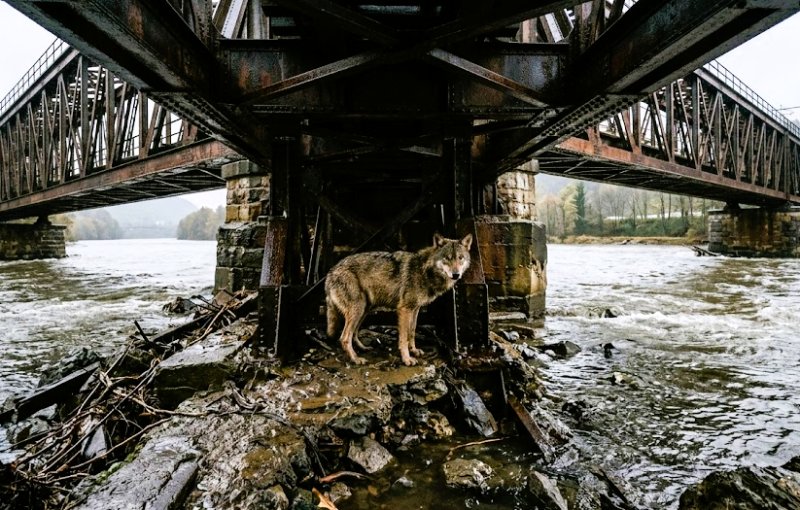 Lupo intrappolato sotto un ponte