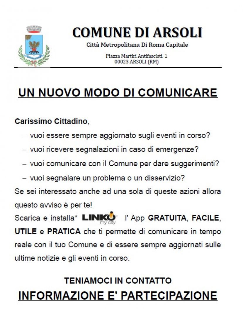 ARSOLI,L&amp;#039;APP LINKO:UN NUOVO MODO DI COMUNICARE