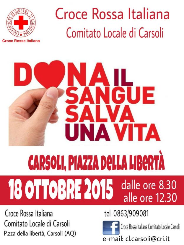 DOMENICA 18 OTTOBRE LA CROCE ROSSA DI CARSOLI RINNOVA L&amp;#039;APPUNTAMENTO CON LA DONAZIONE DEL SANGUE