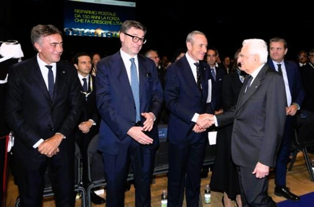 Da sx Giuseppe Lasco, DG Poste Italiane, Giancarlo Giorgetti, Ministro dell&amp;#039;Economia e delle Finanze, Matteo Del Fante, AD Poste Italiane, Sergio Mattarella, Presidente della Repubblica