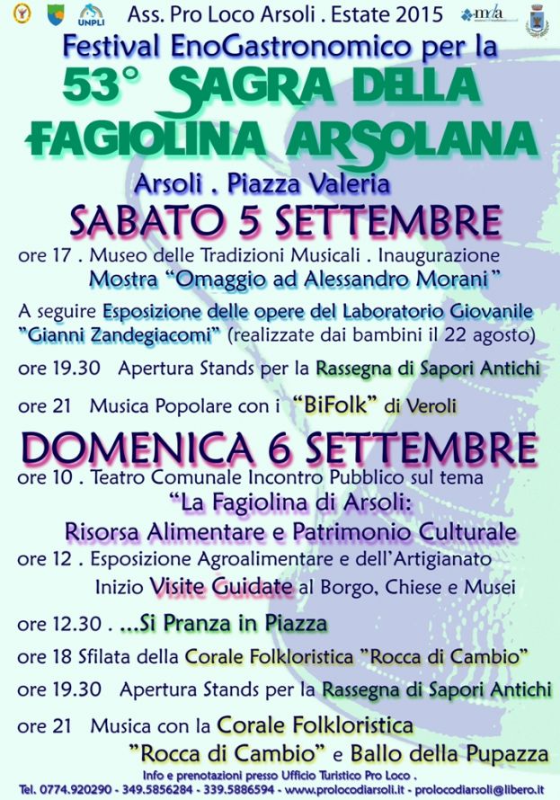 ARSOLI,53&deg; SAGRA DELLA FAGIOLINA IL 5 E 6 SETTEMBRE