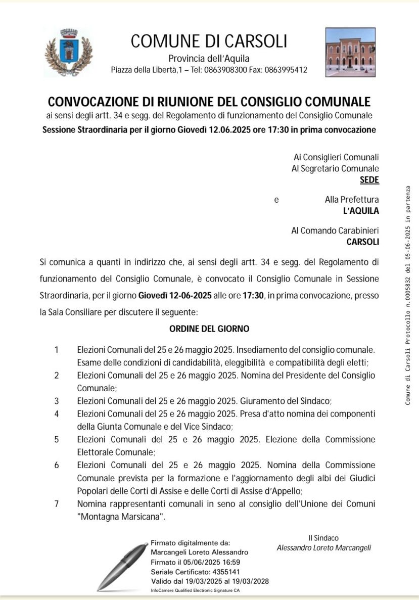 Carsoli, convocazione consiglio comunale