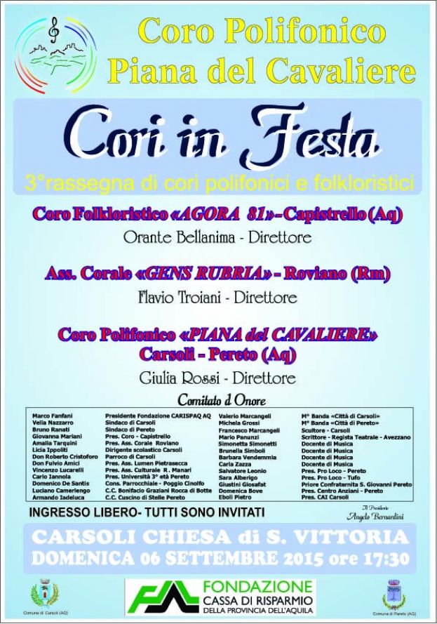 CARSOLI,CORI IN FESTA DOMENICA 6 SETTEMBRE ALLE ORE 17:30 NELLA CHIESA DI SANTA VITTORIA