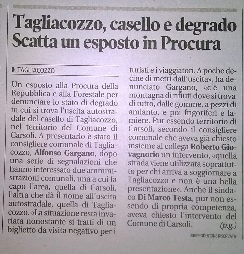 SCOPPIA IL CASO DEL CASELLO DI TAGLIACOZZO IN TERRITORIO DI CARSOLI : ESPOSTO ALLA PROCURA PER DEGRADO AMBIENTALE