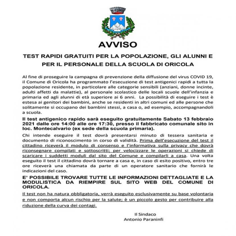Avviso comune di Oricola