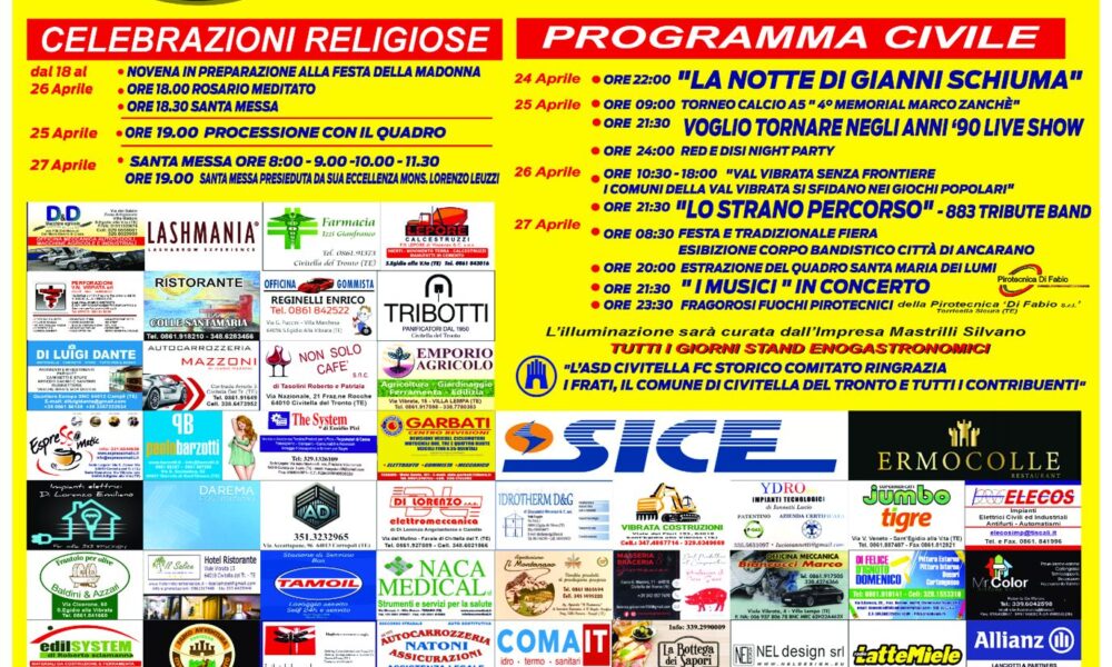 CIVITELLA DEL TRONTO CELEBRA LA 131ª FESTA DI S.S. MARIA DEI LUMI: UN CONNUBIO TRA FEDE, TRADIZIONE E GRANDI EVENTI DAL 24 AL 27 APRILE