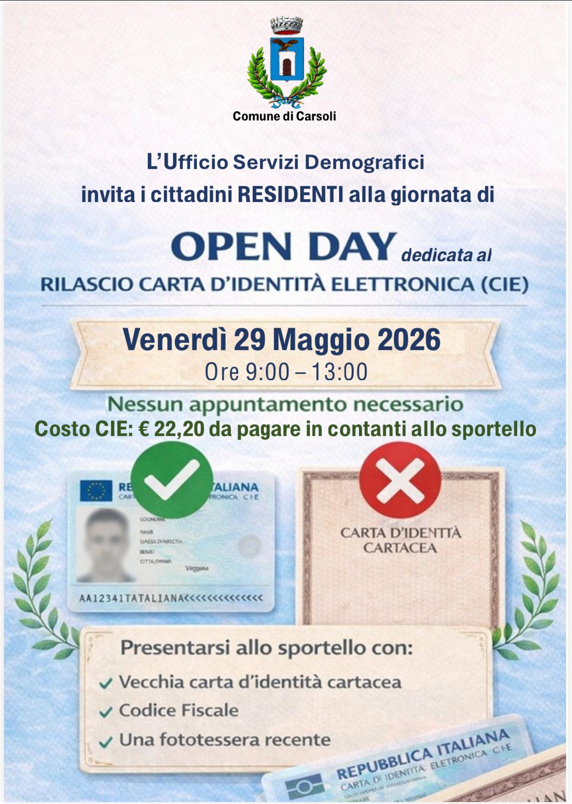 CARTA D’IDENTITÀ ELETTRONICA: A CARSOLI ARRIVA L’OPEN DAY SENZA APPUNTAMENTO