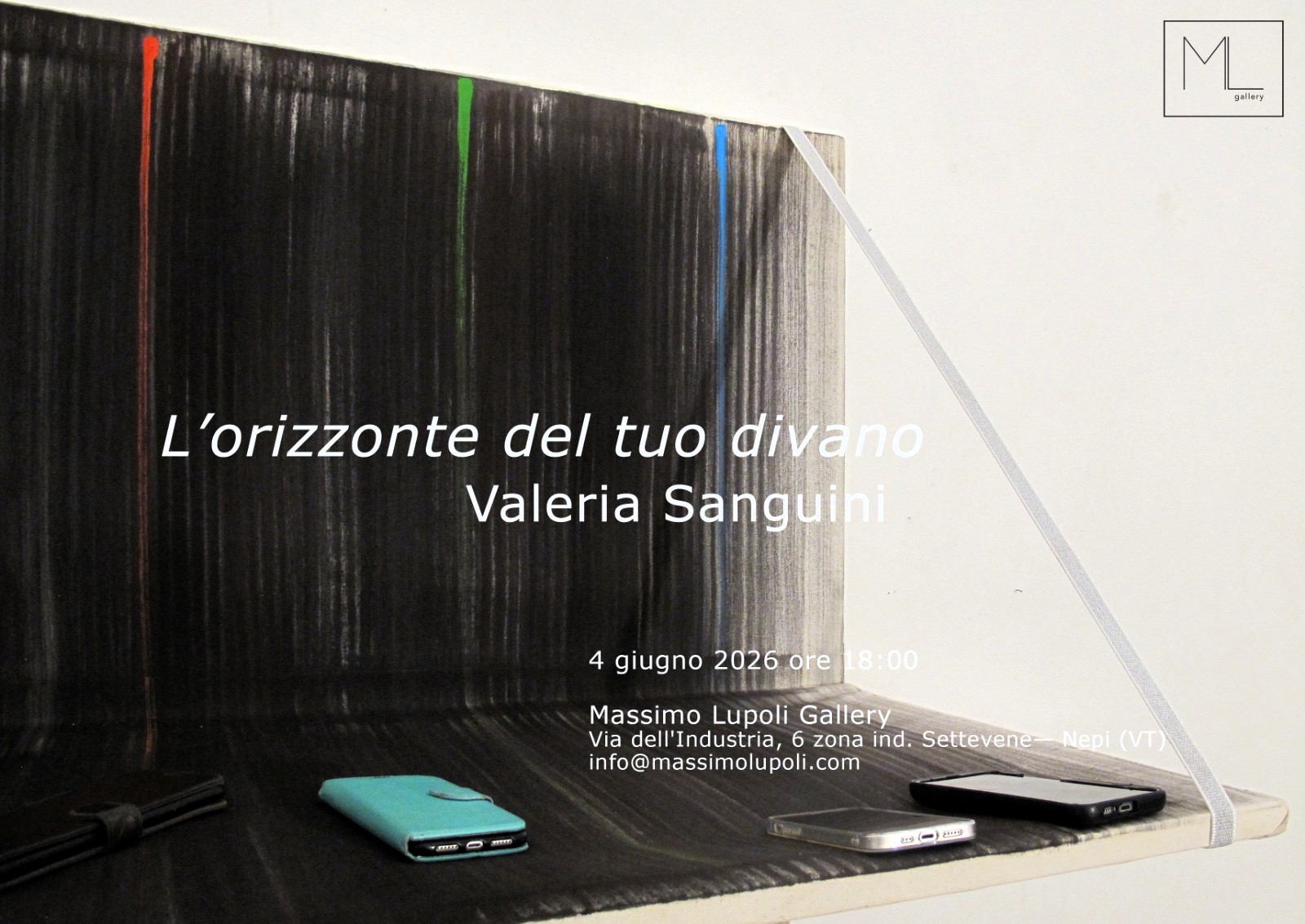 Locandina Inaugurazione mostra di Valeria Sanguini Lorizzonte del tuo divano 4 giugno 2026 ore 18.00
