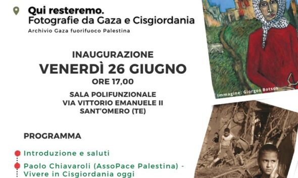 Illustrazione di Giorgos Botsos da Kufia. Matite italiane per la Palestina; Foto di Mohamad Al Baba da Qui Resteremo. Fotografie da Gaza e Cisgiordania.