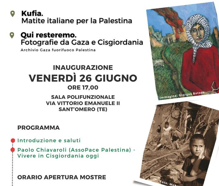 Illustrazione di Giorgos Botsos da Kufia. Matite italiane per la Palestina; Foto di Mohamad Al Baba da Qui Resteremo. Fotografie da Gaza e Cisgiordania.