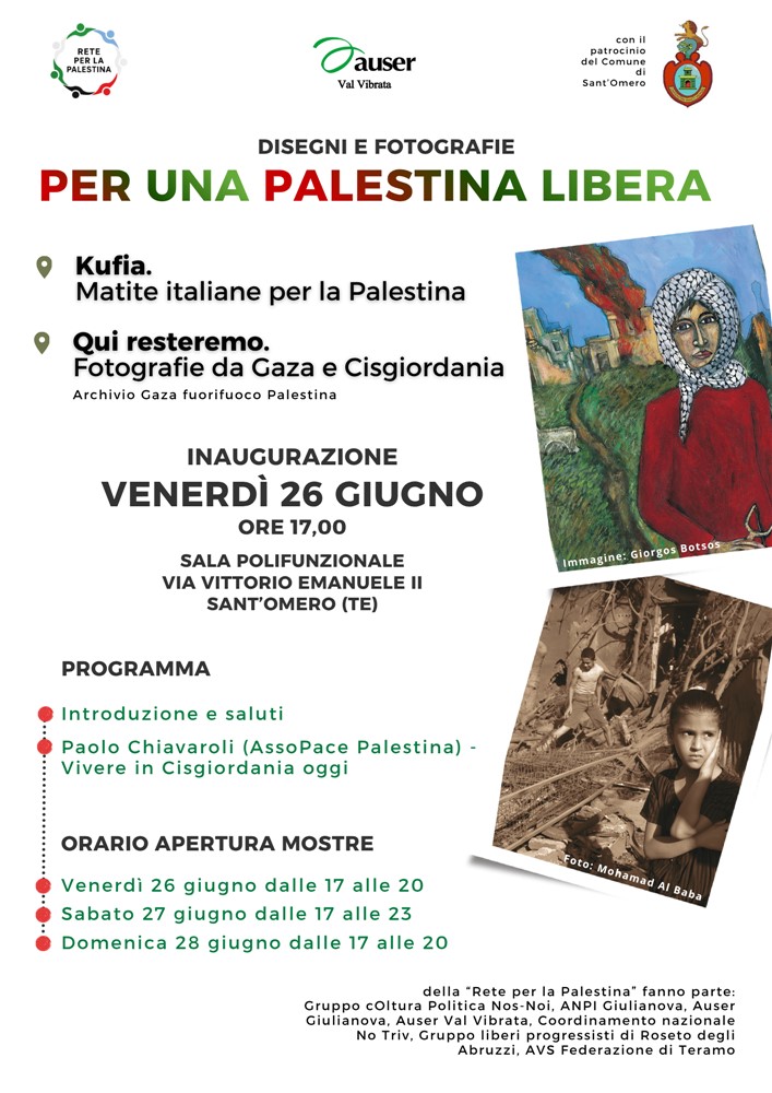 Illustrazione di Giorgos Botsos da Kufia. Matite italiane per la Palestina; Foto di Mohamad Al Baba da Qui Resteremo. Fotografie da Gaza e Cisgiordania.