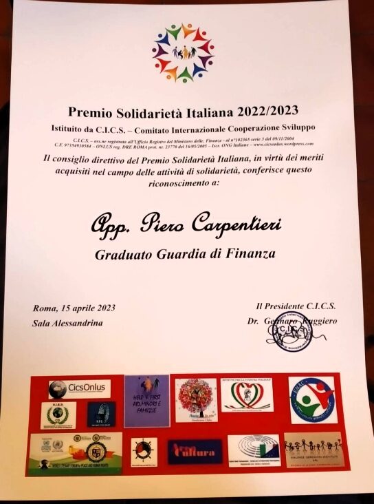 Premio Solidarietà Italiana a Roma, tra i premiati l'Appuntato della Guardia di Finanza Piero Carpentieri 50 Attestato di riconoscimento premio solidarietà