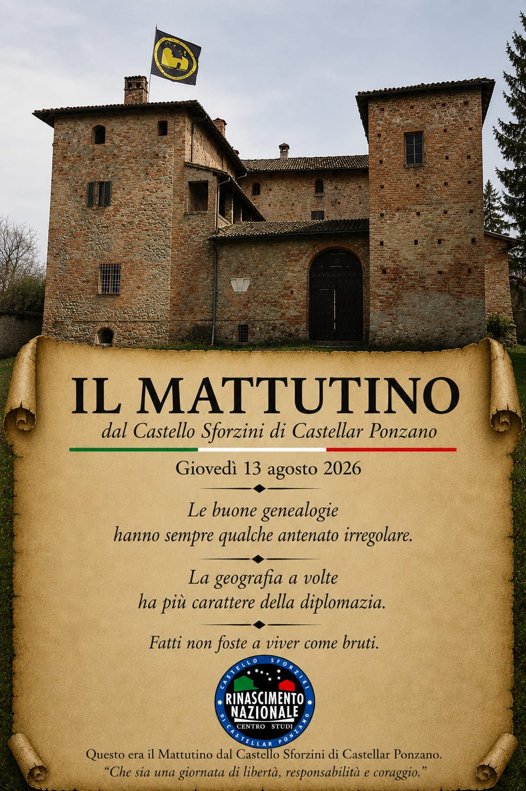 "Fatti non foste a viver come bruti": il nuovo, tagliente manifesto in codice dal Castello Sforzini per svegliare la politica 46 Il Mattutino del 13 agosto 2026