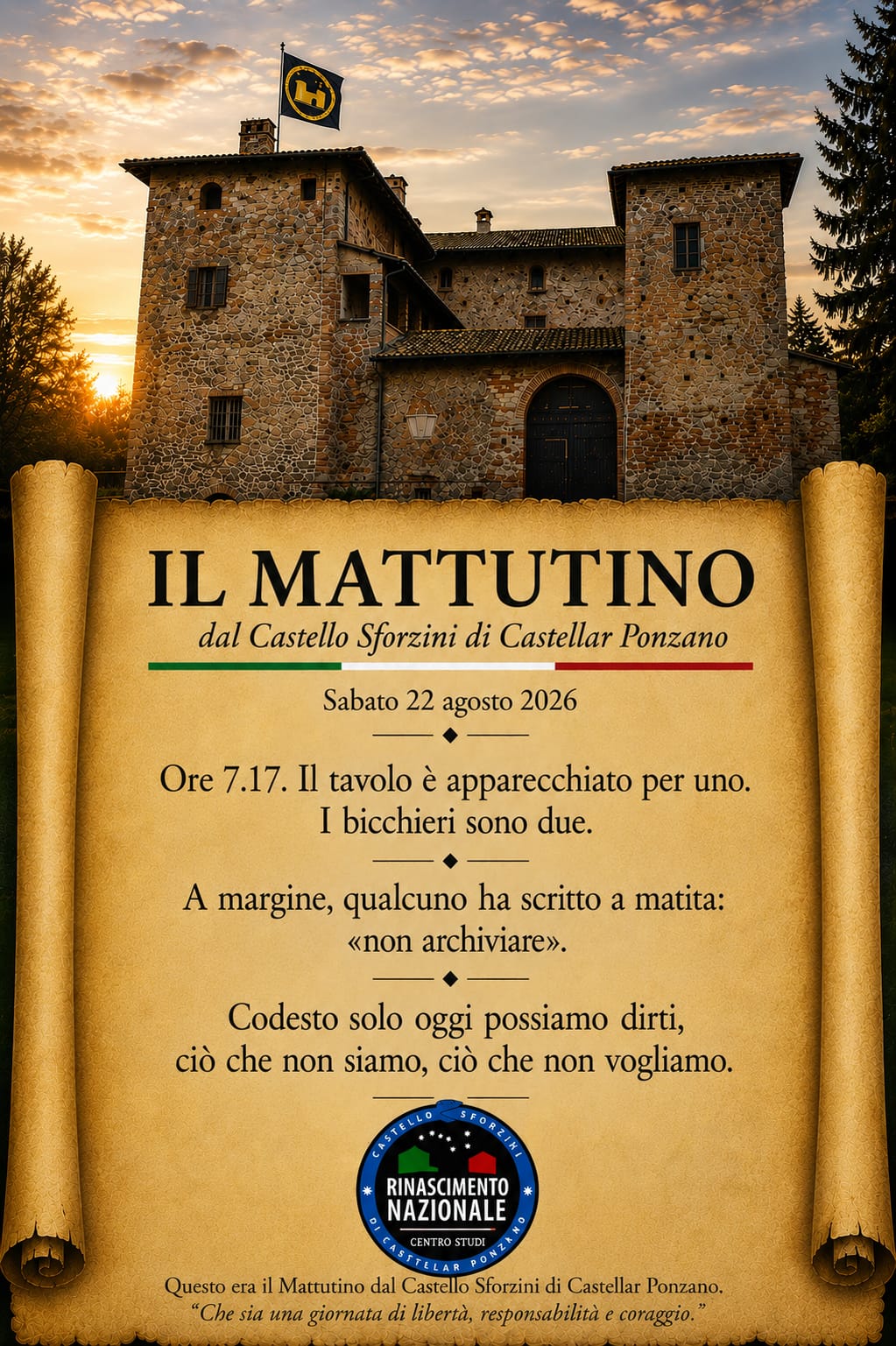 Il Mattutino dal Castello Sforzini: Montale, le assenze che riempiono i bicchieri e il coraggio di sapere "ciò che non vogliamo" 46 Il Mattutino del 22 agosto 2026