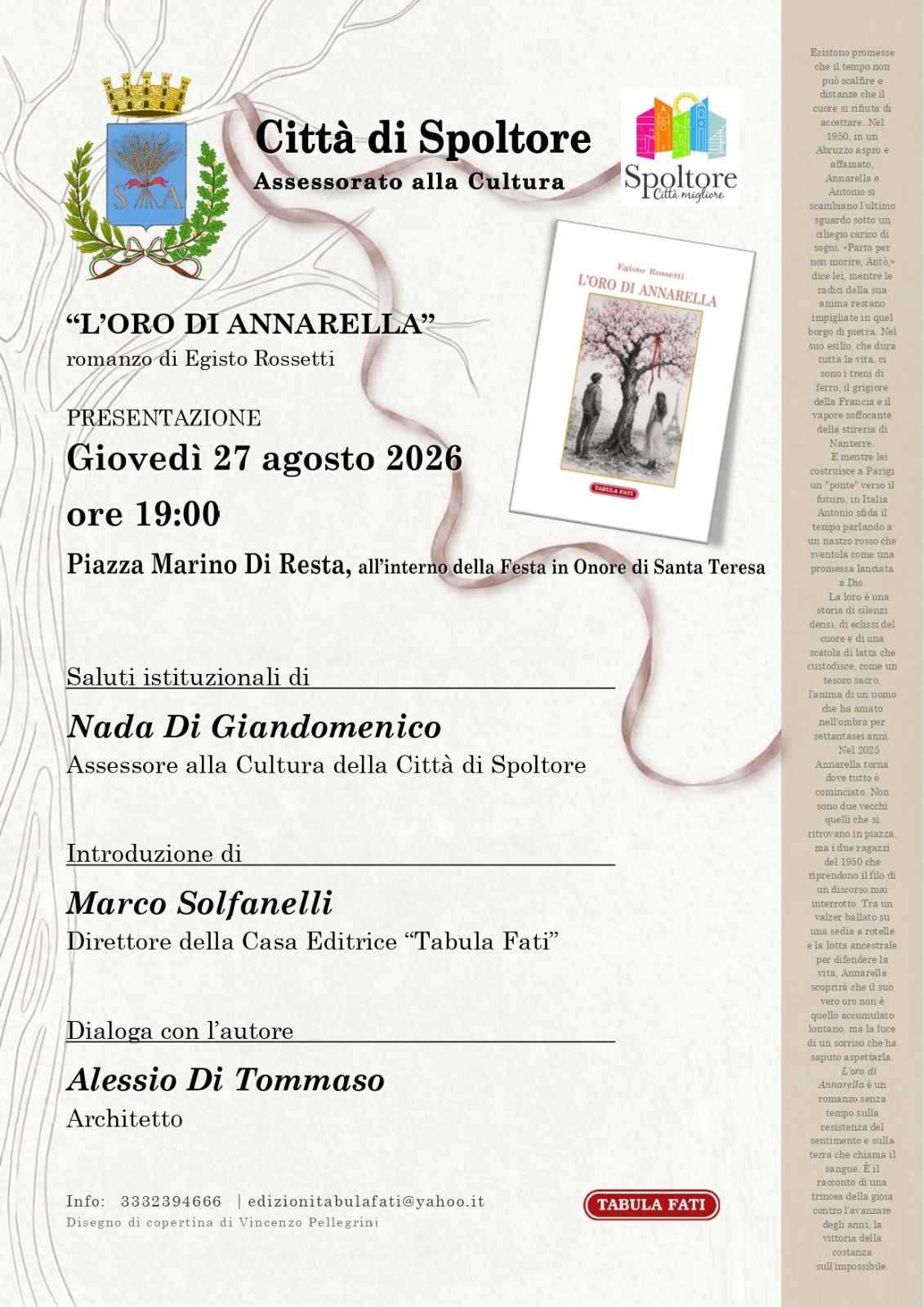 Tra le aspre pietre d'Abruzzo e i treni per Parigi: a Spoltore sbarca "L'oro di Annarella", il grande romanzo sull'amore e sull'emigrazione 46 Locandina evento Spoltore