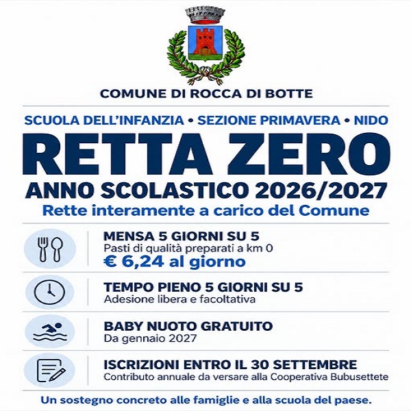 Rocca di Botte - Retta Zero, il comune investe sul futuro, novità per la scuola