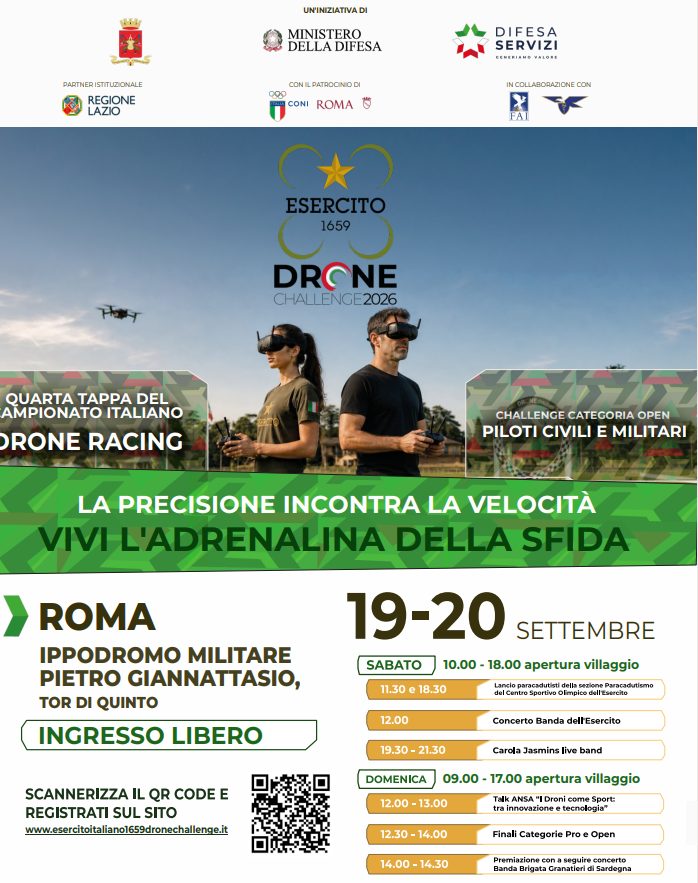 Adrenalina pura a Roma: militari e civili si sfidano a 100 all'ora nel cielo per la prima, spettacolare "Esercito 1659 Drone Challenge" 46 Locandina evento Roma Esercito
