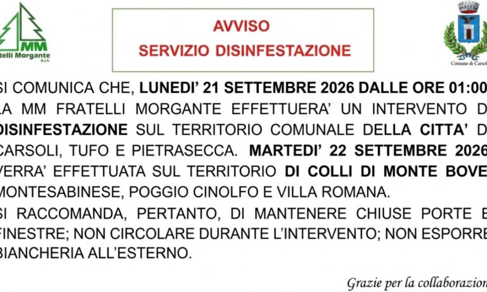 Disinfestazione notturna a Carsoli e frazioni