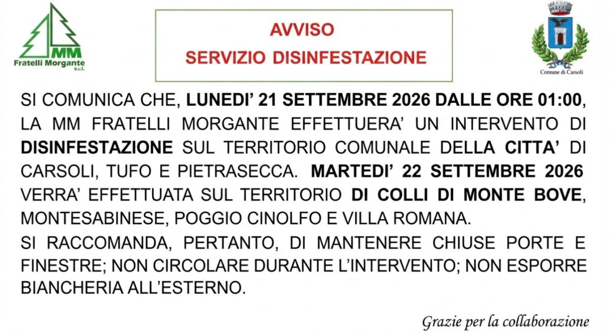 Disinfestazione notturna a Carsoli e frazioni