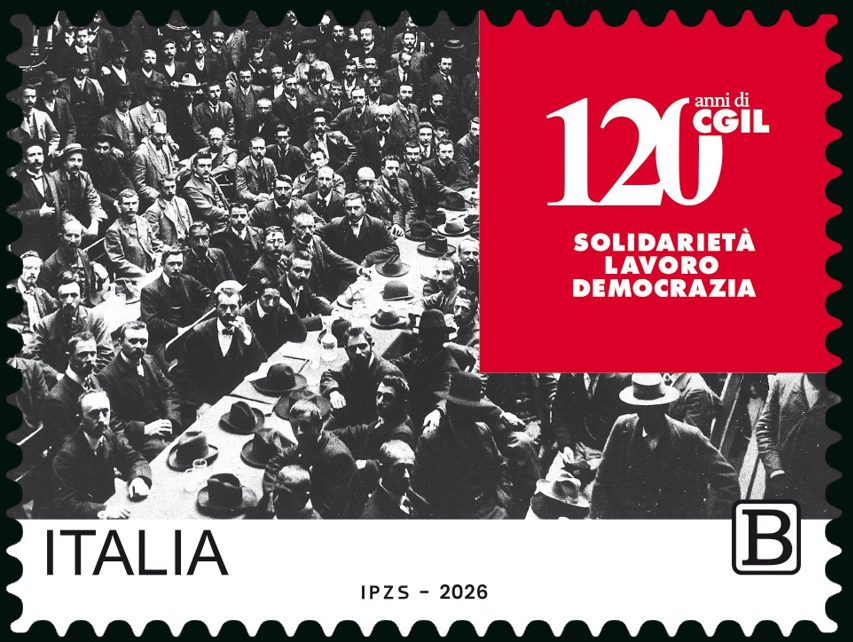 L'oro dentellato dei centoventi anni di lotte operaie sigilla la storia dello Stato: Poste Italiane lancia il francobollo celebrativo per la CGIL 46 Francobollo Cgil
