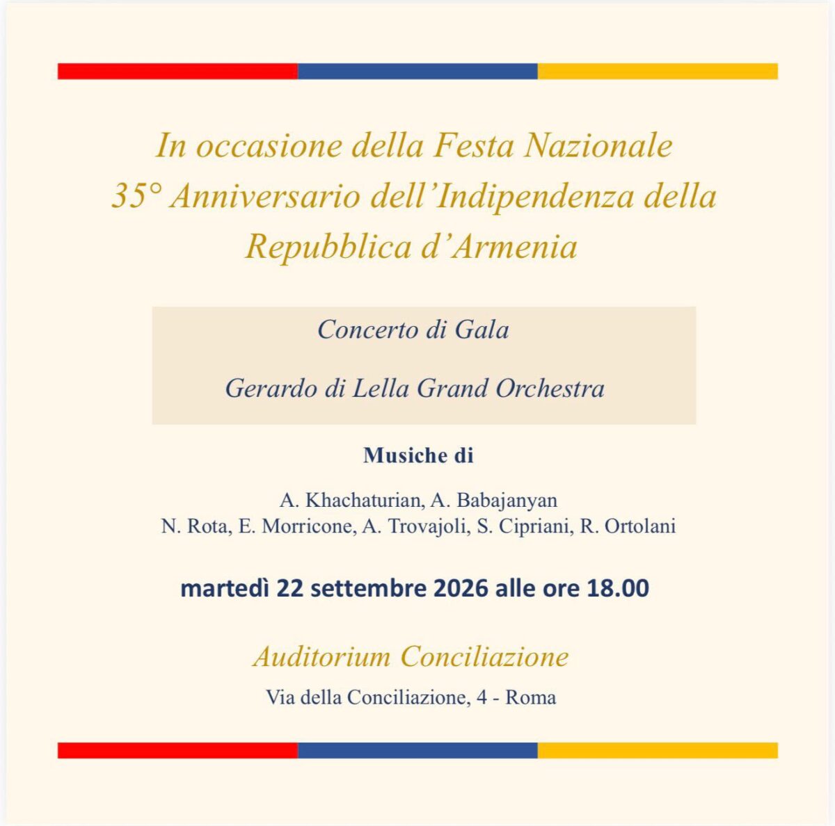 L'Armenia celebra a Roma i 35 anni di indipendenza: un grandioso concerto per la pace e la fratellanza