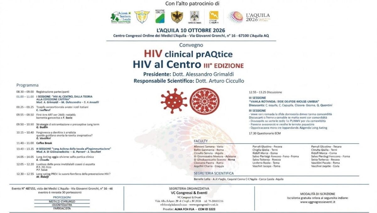 HIV, a L'Aquila gli esperti da tutta Italia per le nuove terapie: diagnosi precoce al centro 46 Locandina evento L'Aquila