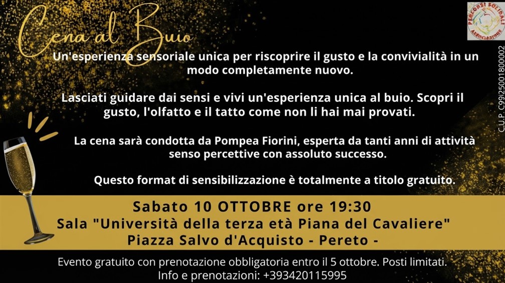 Un viaggio oltre il buio: a Pereto un evento straordinario per riscoprire l'empatia, il gusto e la vera convivialità 49 locandina evento Pereto