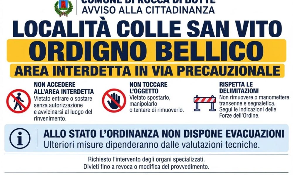 Rocca di Botte, trovato ordigno bellico a Colle San Vito: scatta l’ordinanza del Comune, area transennata e allerta artificieri 58 Avviso ordigno bellico Rocca di Botte