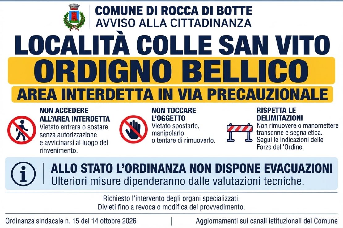 Avviso ordigno bellico Rocca di Botte