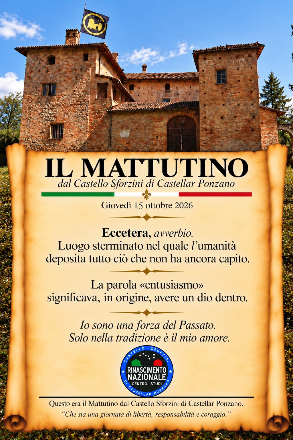 Il Mattutino dal Castello Sforzini: il mistero dell'«eccetera», il fuoco dell'entusiasmo e la forza del passato di Pasolini 46 il mattutino del 15 ottobre 2026